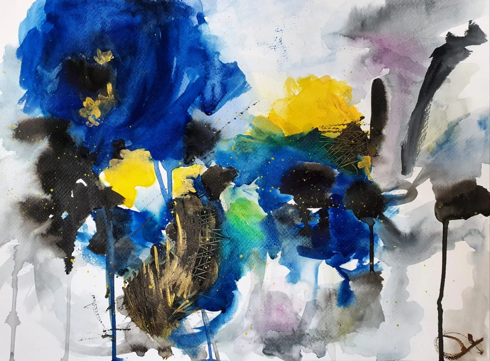 Abstract painting in blue and yellow