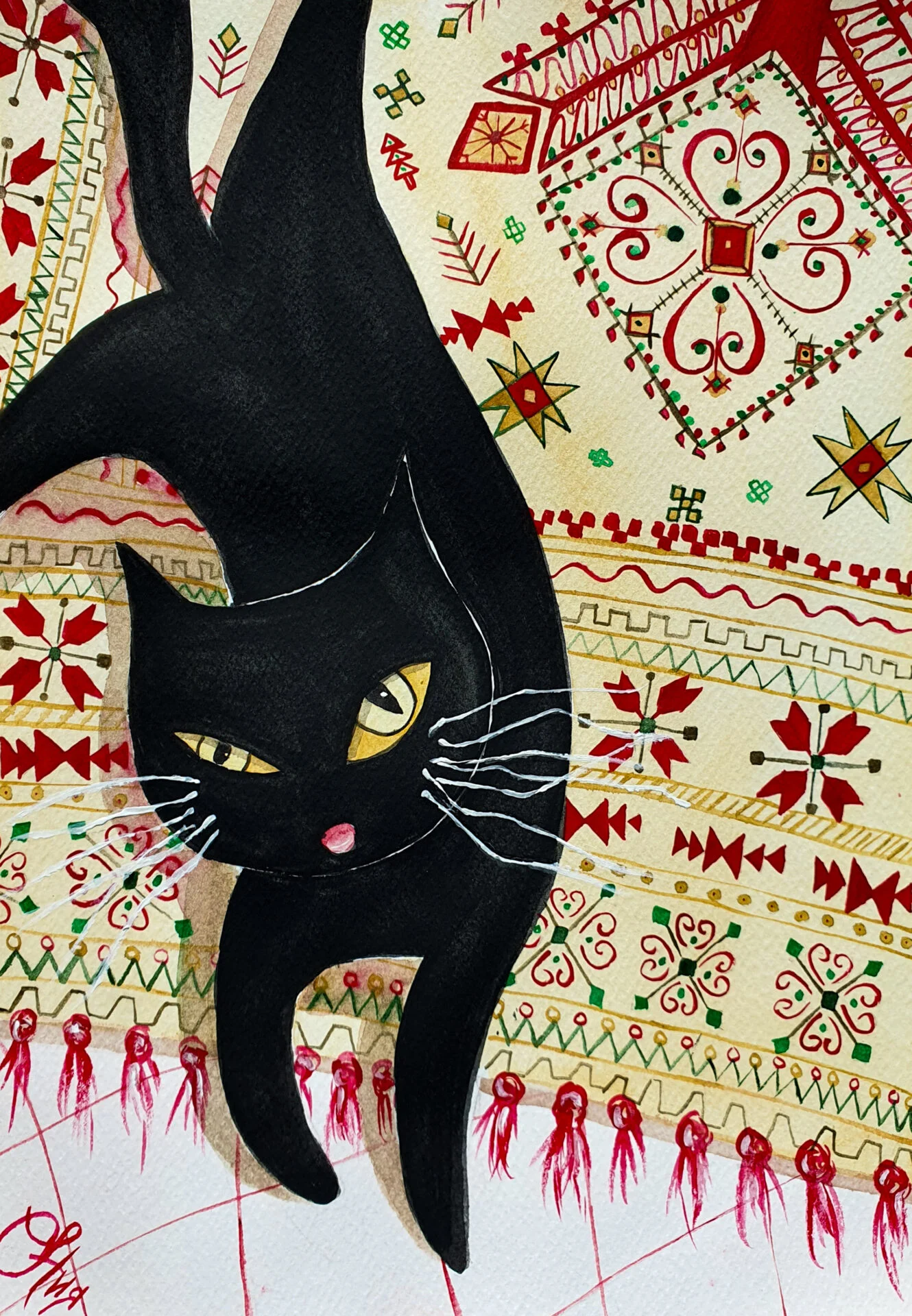Black cat on light carpet with Bulgarian embroidery