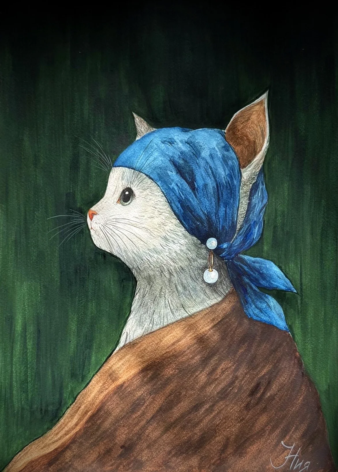 Cat with a pearl earring — whimsical painting
