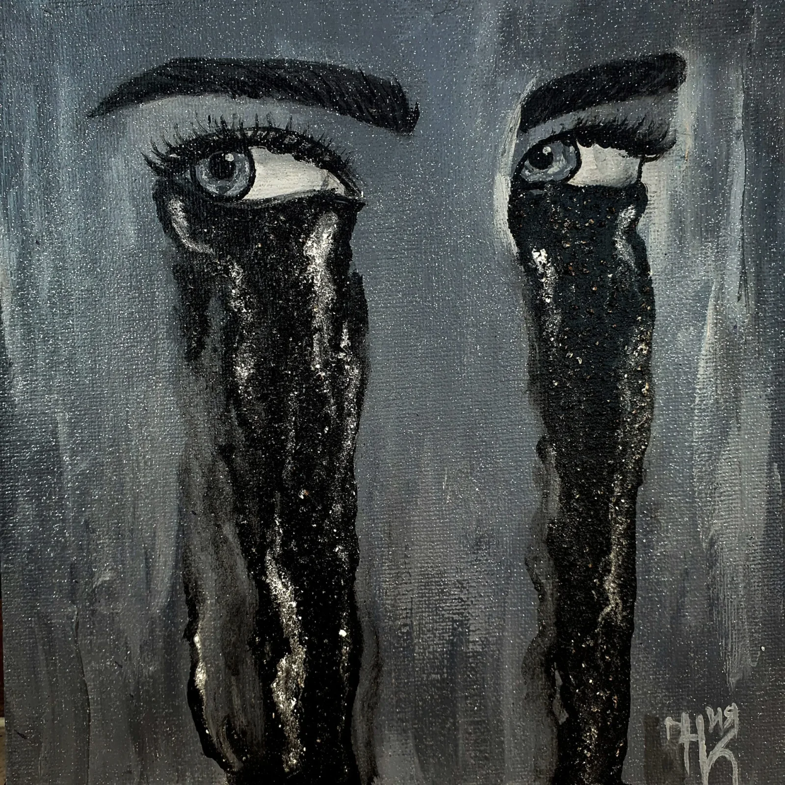 Crying eyes in grey — acrylic painting