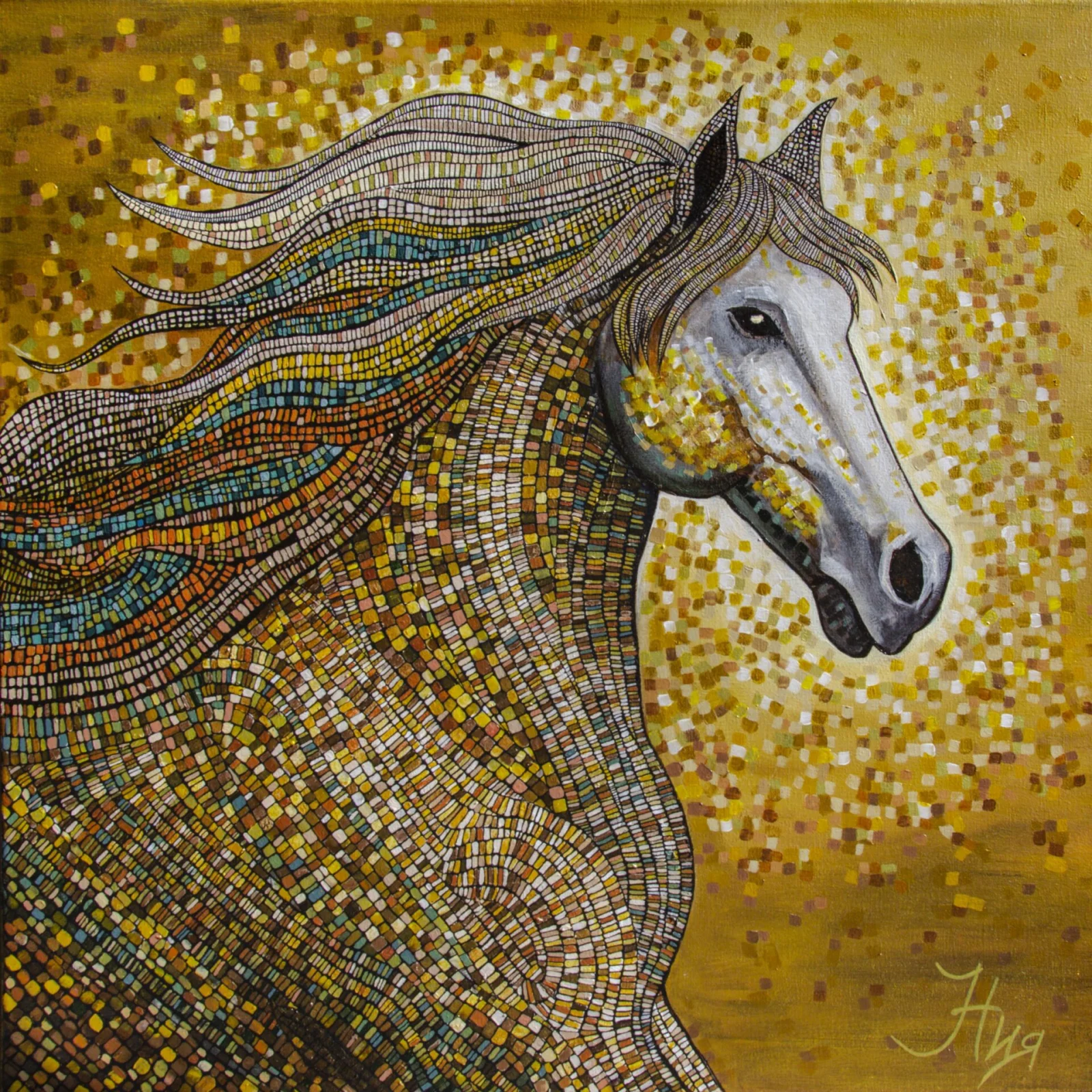 Golden horse mosaics — acrylic painting