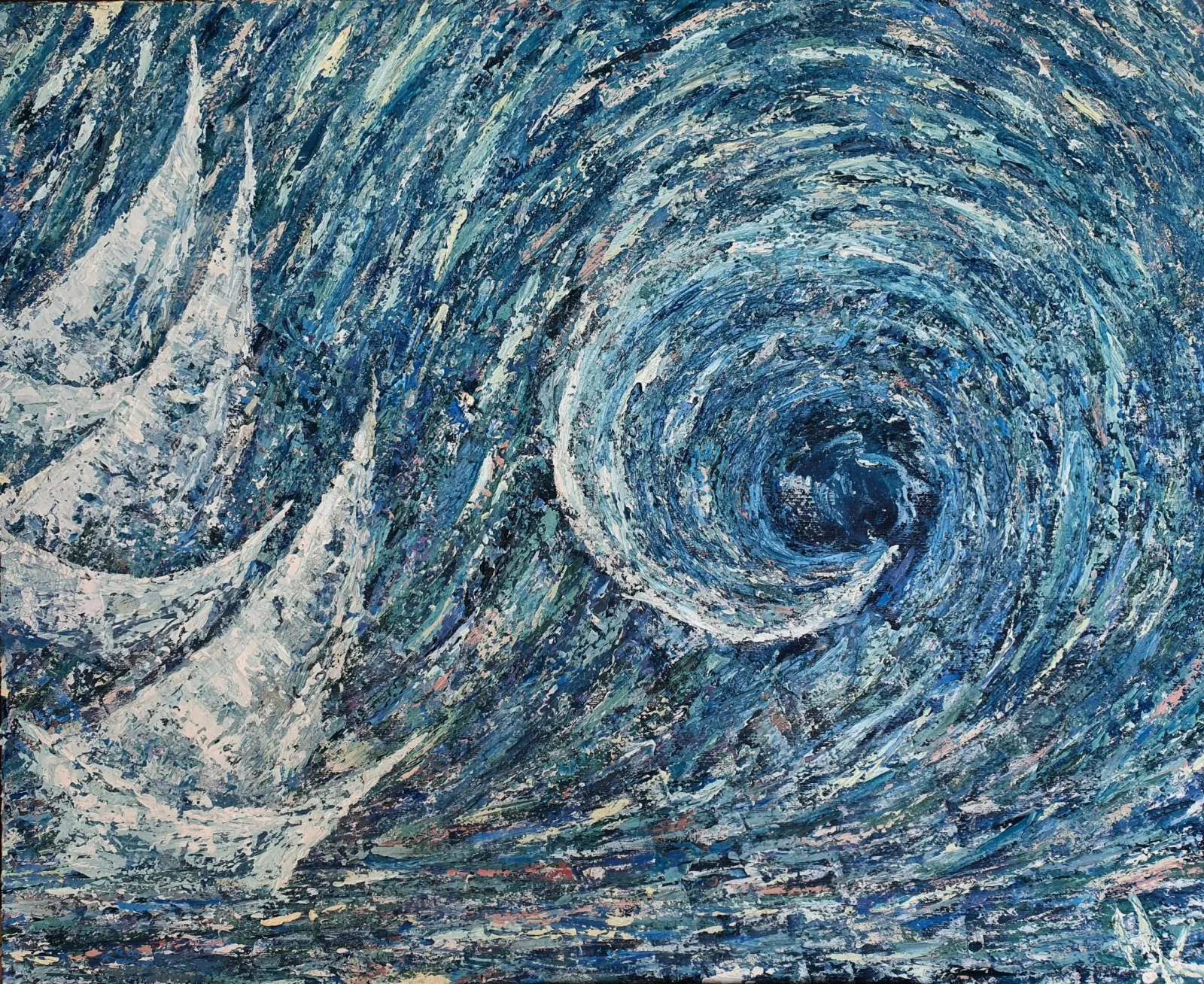 Sea and boats — blue marine painting