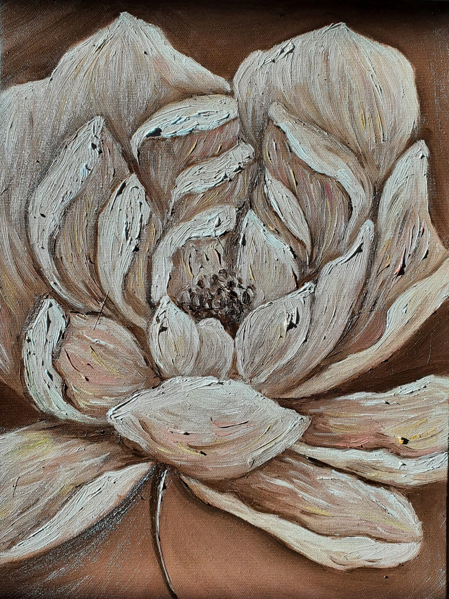 Tender peony in beige and white — oil on canvas