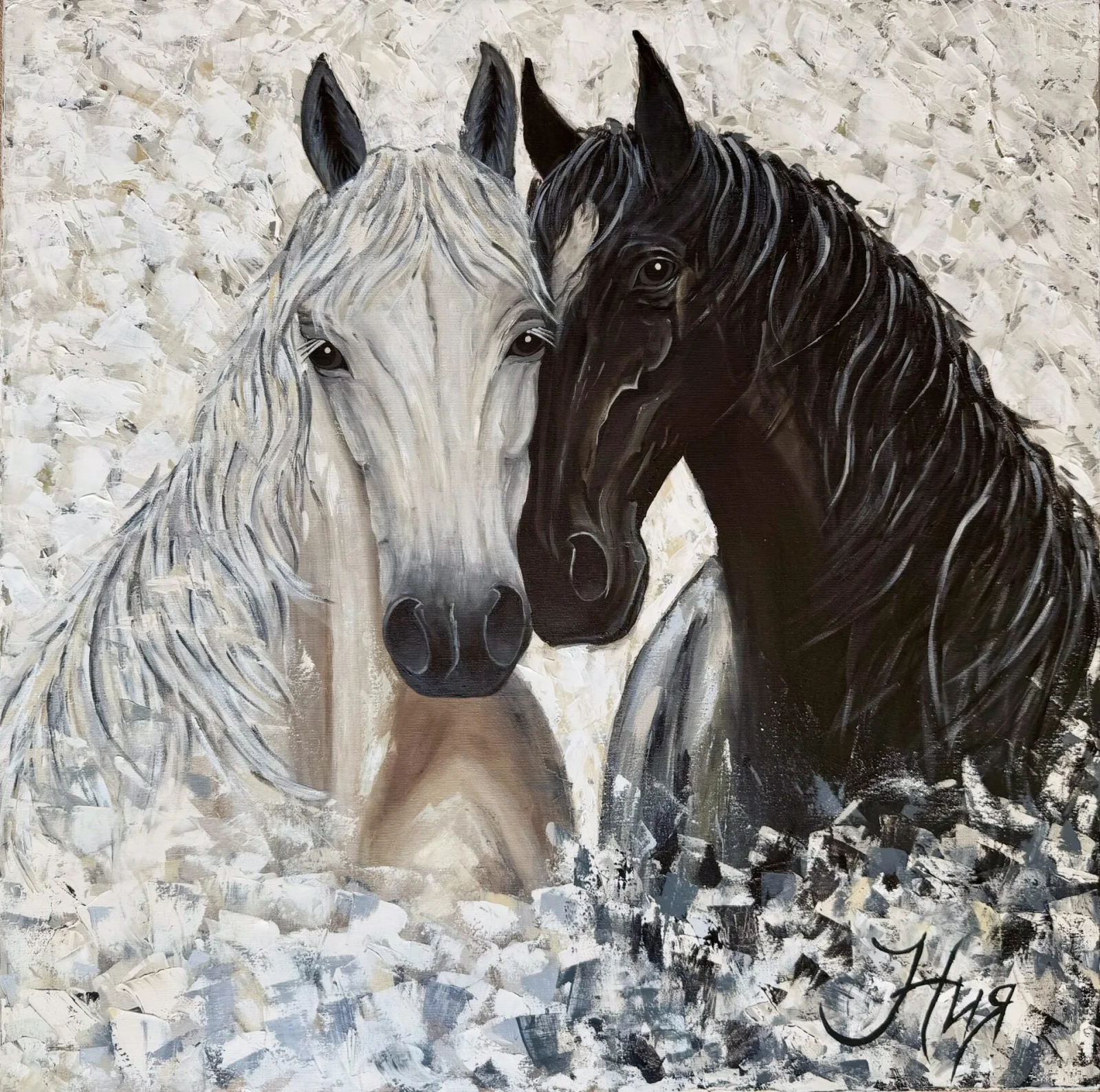 Two black and white horses — acrylic painting